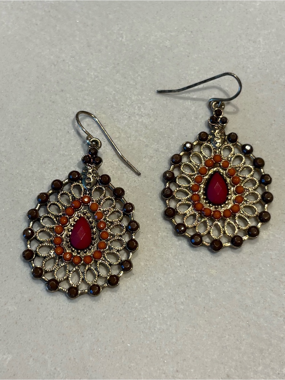 Gold-Tone Filigree Drop Earrings with Pink and Orange Stones